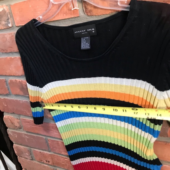 August Silk Ribbed 100% Silk Knit Sweater Top Stretch Crew Stripes Rainbow Black - Picture 8 of 11